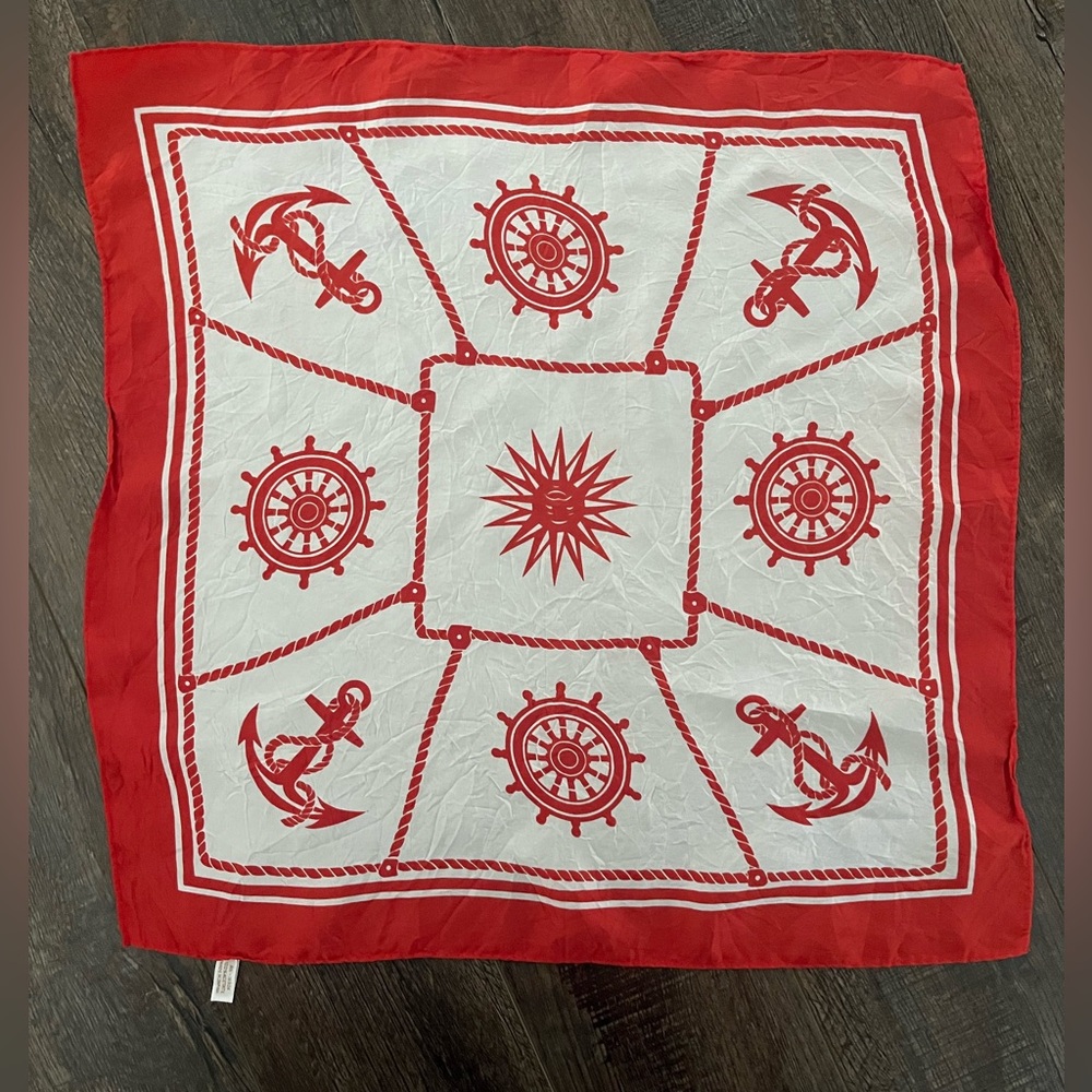 Vintage Red White Nautical 100% Acetate 20”x20” Scarf Made in Japan RN 16304